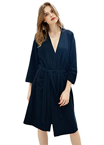 Women Kimono Robes Waffle Pure Color Simple Style Ladies Bathrobe with Oblique V-Neck Navy