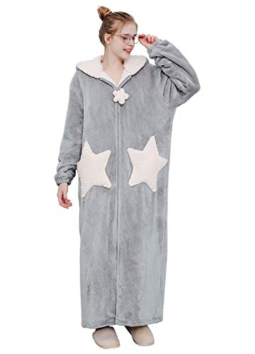 Womens Robe Hooded Zipper Flannel Bathrobes Housecoat Ladies Plush Fleece Warm Sleepwear Long Pajamas Nightgown