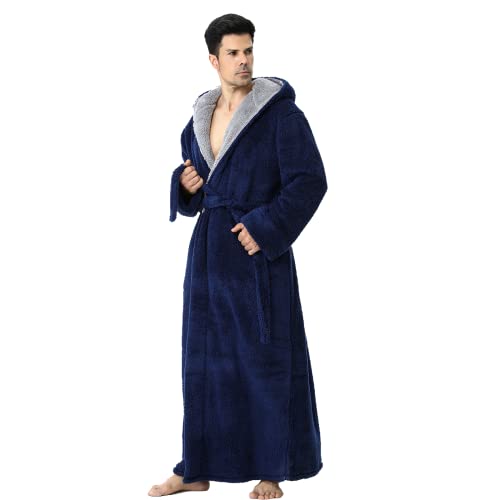 Mens Long Robes with Hood Full Length Hooded Bathrobe Fleece Plush Fluffy Housecoat Nightgown Navy Blue