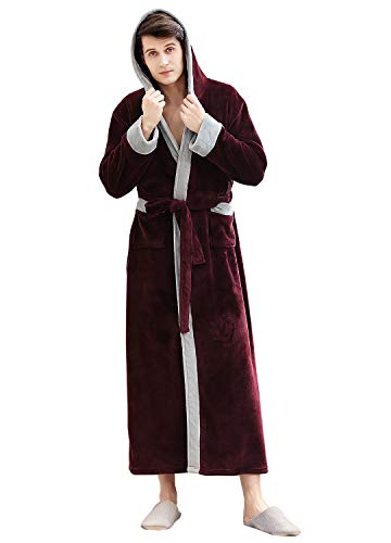 Mens Long Robes with Hood Full Length Hooded Bathrobe Fleece Plush Fluffy Housecoat Nightgown Navy Blue