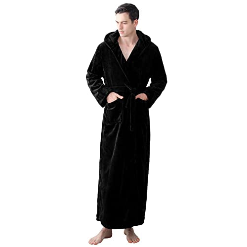 Mens Long Robes with Hood Full Length Hooded Bathrobe Fleece Plush Fluffy Housecoat Nightgown Navy Blue