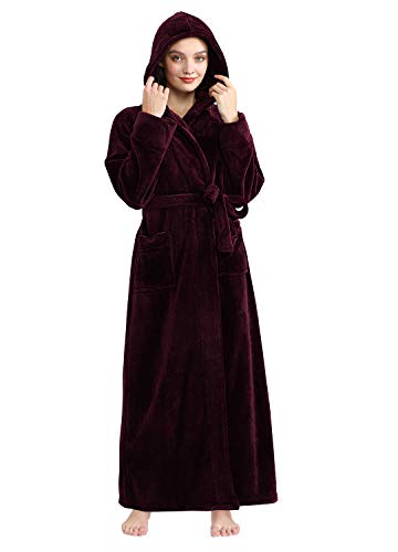 ZAKASA Women Luxurious Dressing Gown Full Length Hooded Plush Fleece Robe, Long Bathrobe Beige