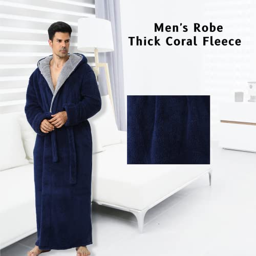 Mens Long Robes with Hood Full Length Hooded Bathrobe Fleece Plush Fluffy Housecoat Nightgown Navy Blue