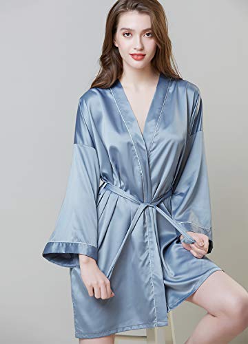 Womens Pure Colour Short Satin Kimono Robe Bridesmaid Bathrobe Silk V-Neck Sleepwear Blue