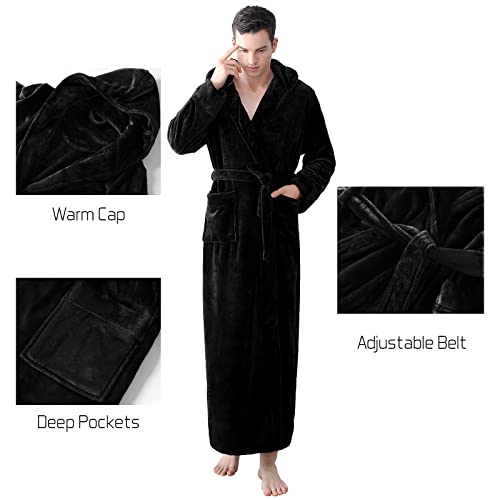 Mens Long Robes with Hood Full Length Hooded Bathrobe Fleece Plush Fluffy Housecoat Nightgown Navy Blue