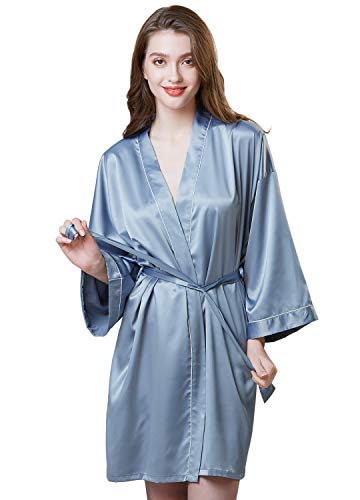 Womens Pure Colour Short Satin Kimono Robe Bridesmaid Bathrobe Silk V-Neck Sleepwear Blue