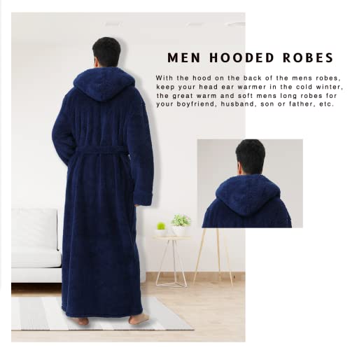 Mens Long Robes with Hood Full Length Hooded Bathrobe Fleece Plush Fluffy Housecoat Nightgown Navy Blue