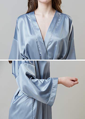 Womens Pure Colour Short Satin Kimono Robe Bridesmaid Bathrobe Silk V-Neck Sleepwear Blue