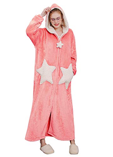 Womens Robe Hooded Zipper Flannel Bathrobes Housecoat Ladies Plush Fleece Warm Sleepwear Long Pajamas Nightgown