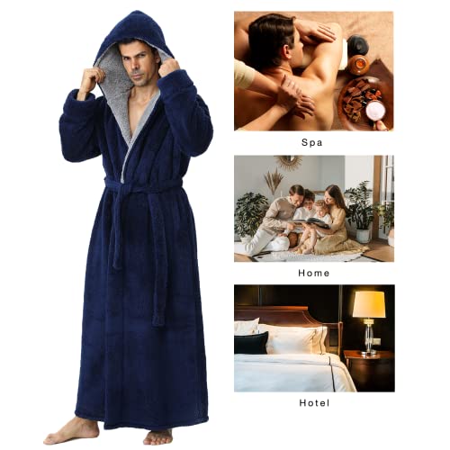 Mens Long Robes with Hood Full Length Hooded Bathrobe Fleece Plush Fluffy Housecoat Nightgown Navy Blue