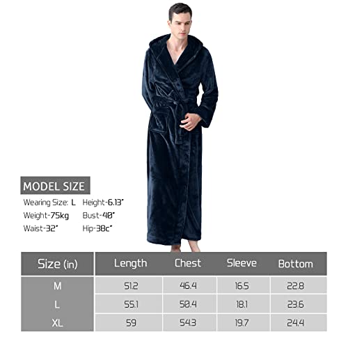 Mens Long Robes with Hood Full Length Hooded Bathrobe Fleece Plush Fluffy Housecoat Nightgown Navy Blue