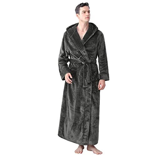 Mens Long Robes with Hood Full Length Hooded Bathrobe Fleece Plush Fluffy Housecoat Nightgown Navy Blue