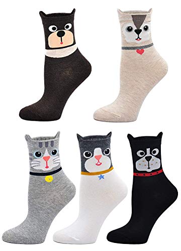 Womens Cotton Cute Animal Socks : Funny Soft Cat Dog Cotton Stocking Multipack for Thermal Warm Socks for Winter Christmas 5 Pairs