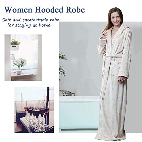 ZAKASA Women Luxurious Dressing Gown Full Length Hooded Plush Fleece Robe, Long Bathrobe Beige