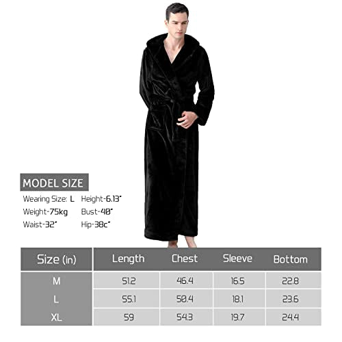 Mens Long Robes with Hood Full Length Hooded Bathrobe Fleece Plush Fluffy Housecoat Nightgown Navy Blue