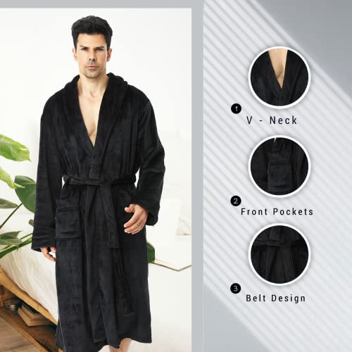 Mens Long Robes with Hood Full Length Hooded Bathrobe Fleece Plush Fluffy Housecoat Nightgown Navy Blue