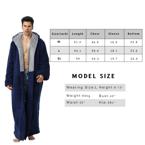 Mens Long Robes with Hood Full Length Hooded Bathrobe Fleece Plush Fluffy Housecoat Nightgown Navy Blue