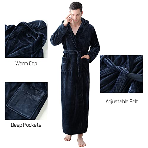 Mens Long Robes with Hood Full Length Hooded Bathrobe Fleece Plush Fluffy Housecoat Nightgown Navy Blue