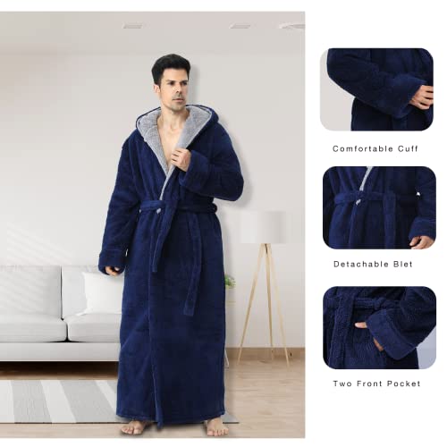 Mens Long Robes with Hood Full Length Hooded Bathrobe Fleece Plush Fluffy Housecoat Nightgown Navy Blue