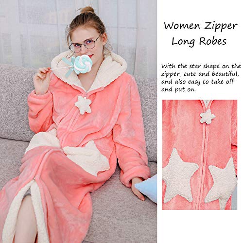 Womens Robe Hooded Zipper Flannel Bathrobes Housecoat Ladies Plush Fleece Warm Sleepwear Long Pajamas Nightgown