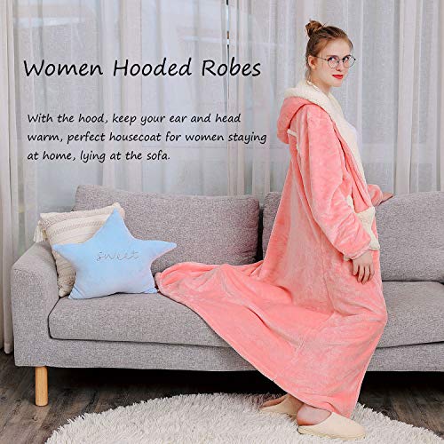 Womens Robe Hooded Zipper Flannel Bathrobes Housecoat Ladies Plush Fleece Warm Sleepwear Long Pajamas Nightgown