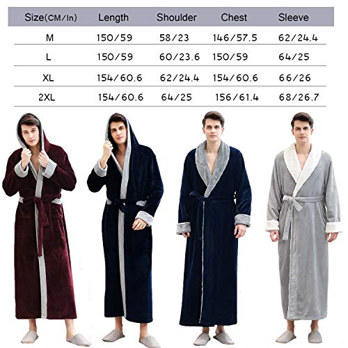 Mens Long Robes with Hood Full Length Hooded Bathrobe Fleece Plush Fluffy Housecoat Nightgown Navy Blue