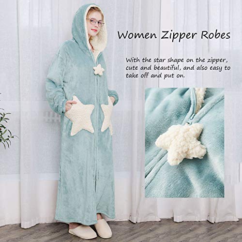 Womens Robe Hooded Zipper Flannel Bathrobes Housecoat Ladies Plush Fleece Warm Sleepwear Long Pajamas Nightgown