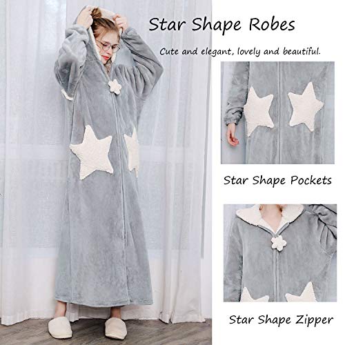 Womens Robe Hooded Zipper Flannel Bathrobes Housecoat Ladies Plush Fleece Warm Sleepwear Long Pajamas Nightgown