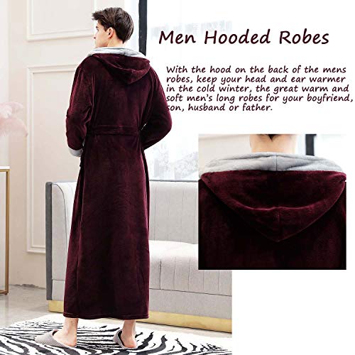 Mens Long Robes with Hood Full Length Hooded Bathrobe Fleece Plush Fluffy Housecoat Nightgown Navy Blue