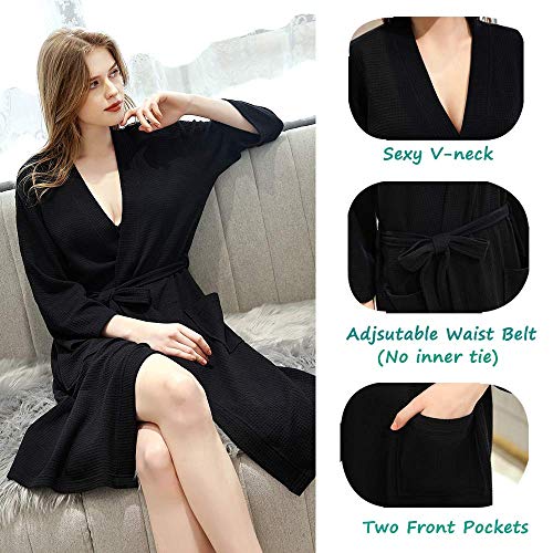 Women Kimono Robes Waffle Pure Color Simple Style Ladies Bathrobe with Oblique V-Neck Navy