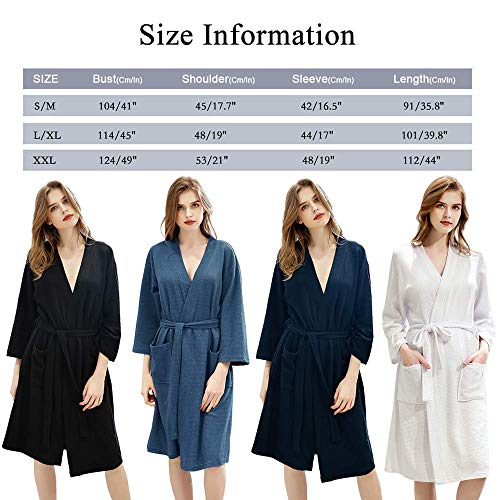 Women Kimono Robes Waffle Pure Color Simple Style Ladies Bathrobe with Oblique V-Neck Navy