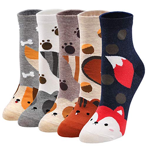 Womens Cotton Cute Animal Socks : Funny Soft Cat Dog Cotton Stocking Multipack for Thermal Warm Socks for Winter Christmas 5 Pairs