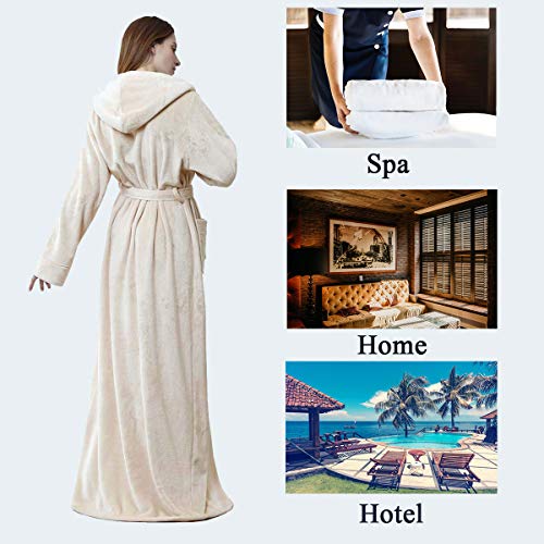 ZAKASA Women Luxurious Dressing Gown Full Length Hooded Plush Fleece Robe, Long Bathrobe Beige