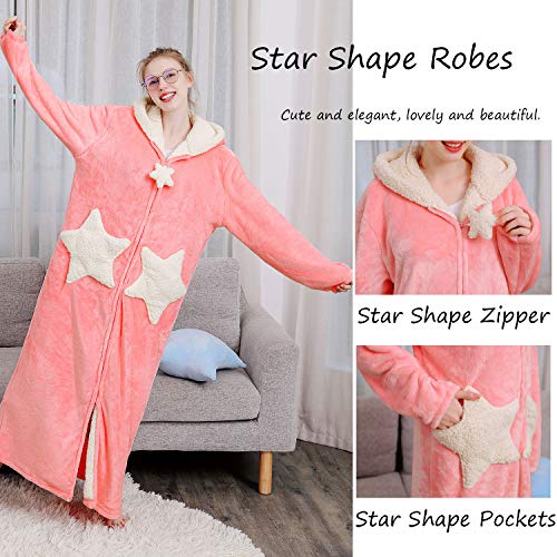 Womens Robe Hooded Zipper Flannel Bathrobes Housecoat Ladies Plush Fleece Warm Sleepwear Long Pajamas Nightgown