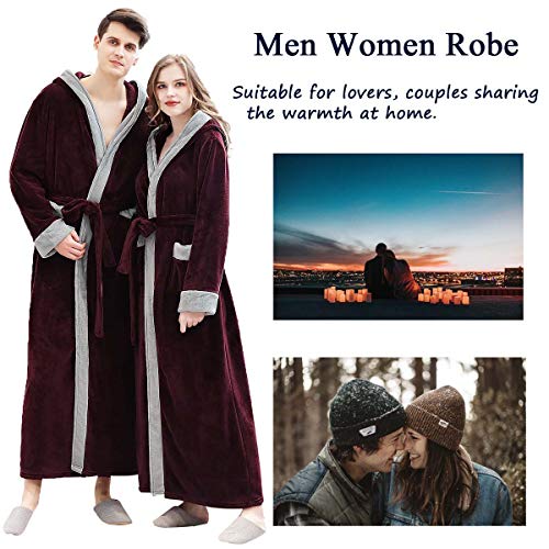 Mens Long Robes with Hood Full Length Hooded Bathrobe Fleece Plush Fluffy Housecoat Nightgown Navy Blue