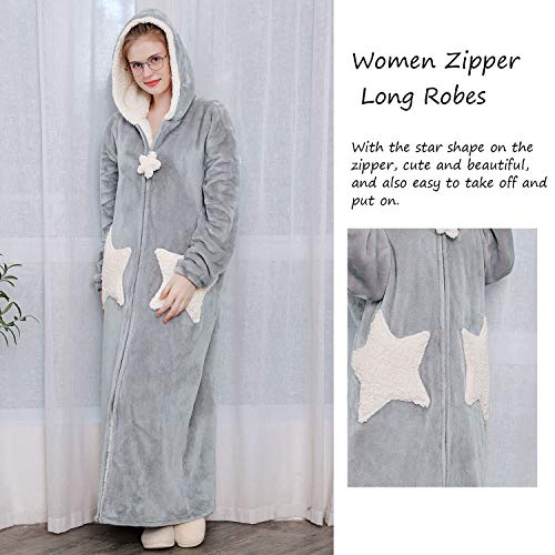 Womens Robe Hooded Zipper Flannel Bathrobes Housecoat Ladies Plush Fleece Warm Sleepwear Long Pajamas Nightgown