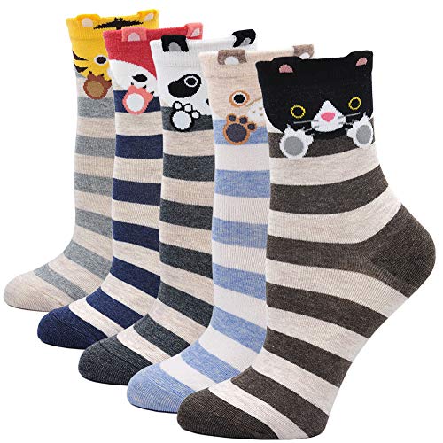 Womens Cotton Cute Animal Socks : Funny Soft Cat Dog Cotton Stocking Multipack for Thermal Warm Socks for Winter Christmas 5 Pairs