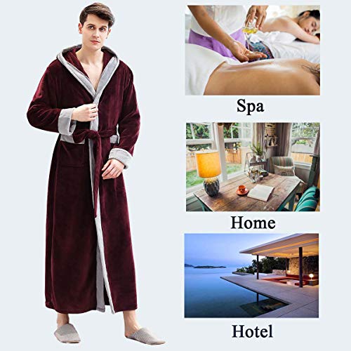 Mens Long Robes with Hood Full Length Hooded Bathrobe Fleece Plush Fluffy Housecoat Nightgown Navy Blue