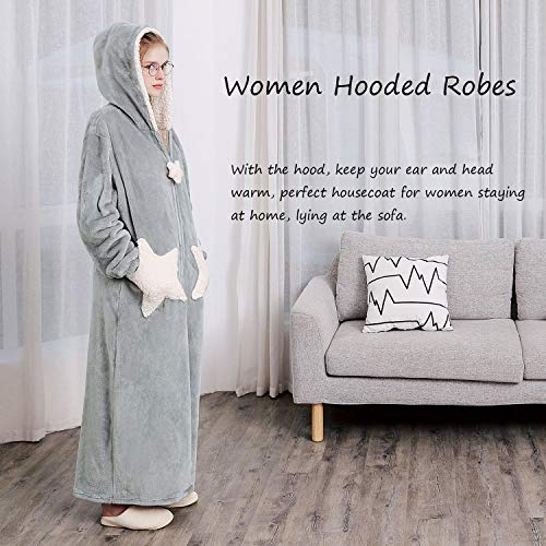 Womens Robe Hooded Zipper Flannel Bathrobes Housecoat Ladies Plush Fleece Warm Sleepwear Long Pajamas Nightgown