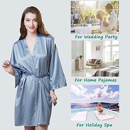 Womens Pure Colour Short Satin Kimono Robe Bridesmaid Bathrobe Silk V-Neck Sleepwear Blue