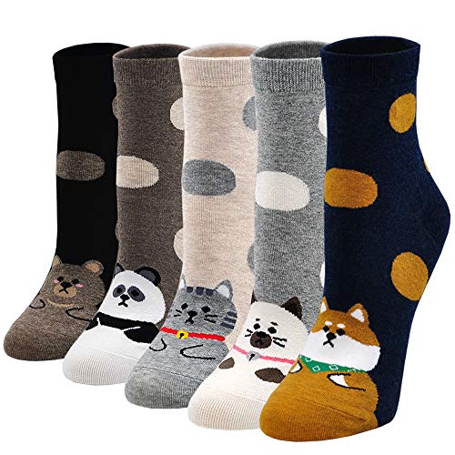 Womens Cotton Cute Animal Socks : Funny Soft Cat Dog Cotton Stocking Multipack for Thermal Warm Socks for Winter Christmas 5 Pairs