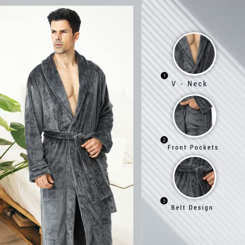 ZAKASA Mens Fleece Plush Robe Warm Soft Collar Shawl Bathrobe