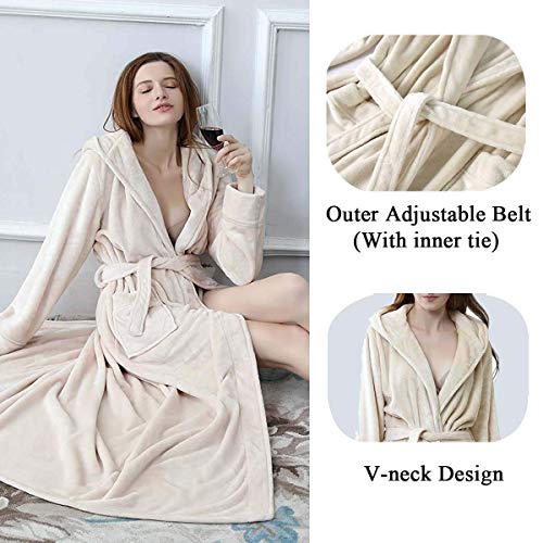 ZAKASA Women Luxurious Dressing Gown Full Length Hooded Plush Fleece Robe, Long Bathrobe Beige