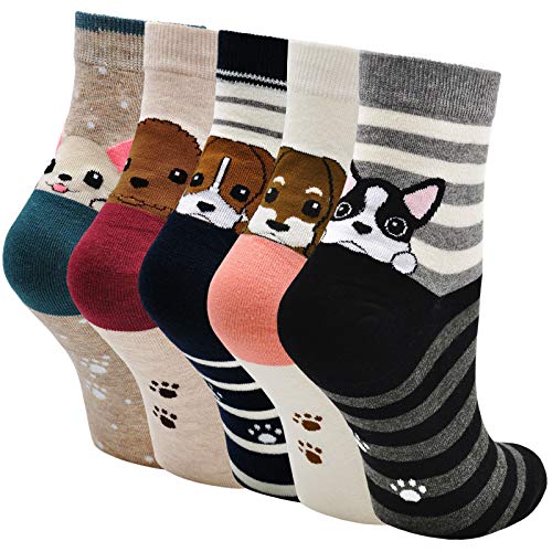 Womens Cotton Cute Animal Socks : Funny Soft Cat Dog Cotton Stocking Multipack for Thermal Warm Socks for Winter Christmas 5 Pairs