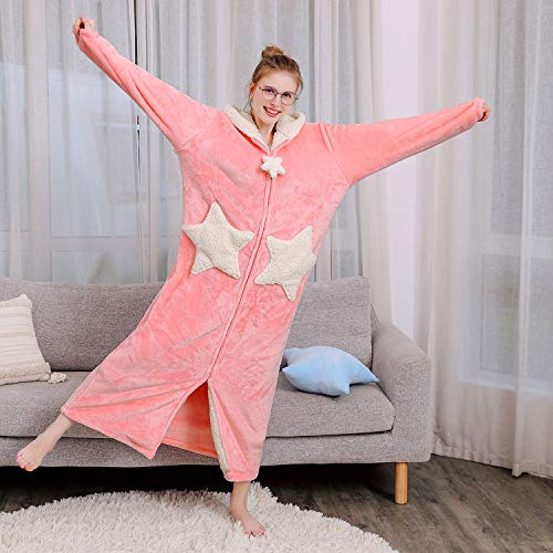 Womens Robe Hooded Zipper Flannel Bathrobes Housecoat Ladies Plush Fleece Warm Sleepwear Long Pajamas Nightgown