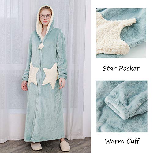 Womens Robe Hooded Zipper Flannel Bathrobes Housecoat Ladies Plush Fleece Warm Sleepwear Long Pajamas Nightgown