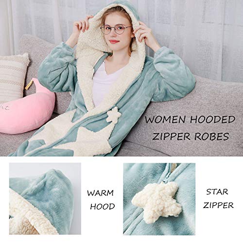 Womens Robe Hooded Zipper Flannel Bathrobes Housecoat Ladies Plush Fleece Warm Sleepwear Long Pajamas Nightgown