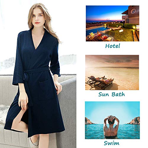 Women Kimono Robes Waffle Pure Color Simple Style Ladies Bathrobe with Oblique V-Neck Navy