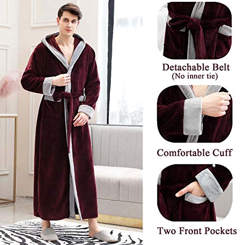 Mens Long Robes with Hood Full Length Hooded Bathrobe Fleece Plush Fluffy Housecoat Nightgown Navy Blue