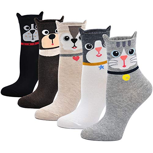 Womens Cotton Cute Animal Socks : Funny Soft Cat Dog Cotton Stocking Multipack for Thermal Warm Socks for Winter Christmas 5 Pairs